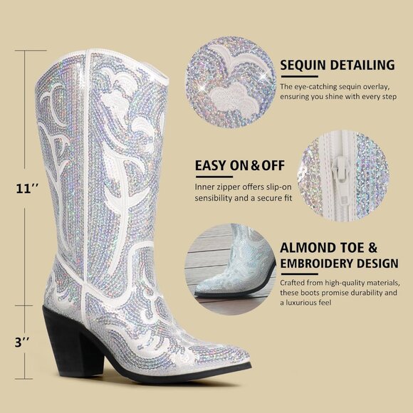 Women's Sequin Silver Fashion Western Zipper Pointed Toe Embroidered Boots - Picture 5 of 6